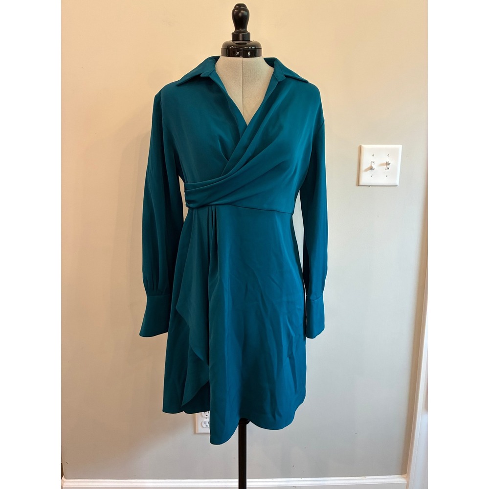 DKNY Teal Blue Long Sleeve Wrap Front Collared Dress 8P